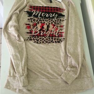 Lovely Souls Beige Merry & Bright Leopard Plaid Christmas Tunic Top NWT